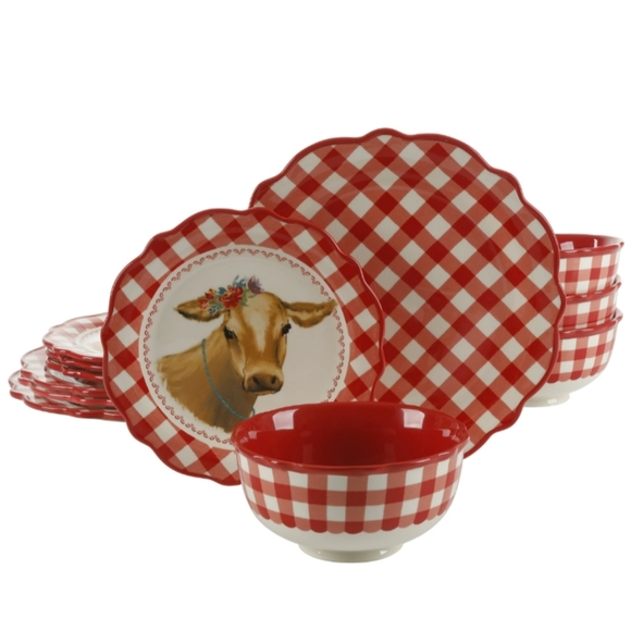 ❤️ New Pioneer Woman Red Gingham 12-Piece Dinnerware Set - Picture 8 of 8